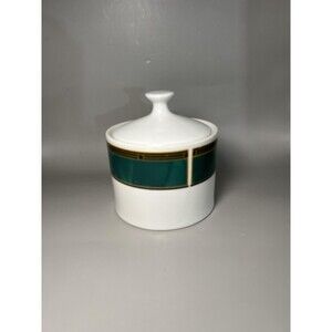 Emerald 8821 Stoneware Sugar Bowl Jar with Lid Green Gold Band Dishwasher Safe